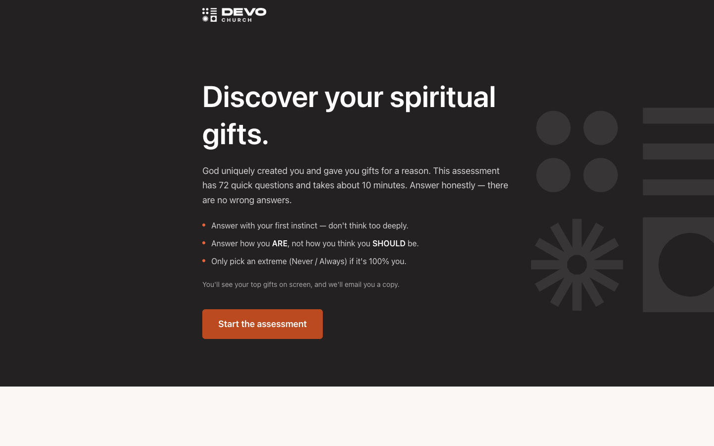 DEVO spiritual gifts assessment start screen