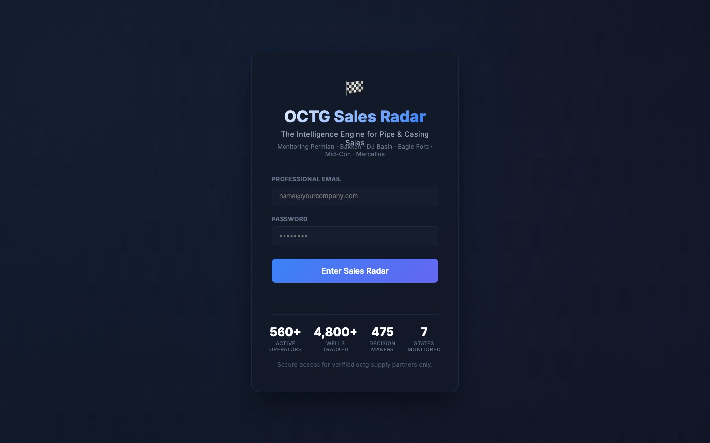 Drill Radar sales-intelligence platform sign-in, showing live totals for operators, wells, and decision-makers